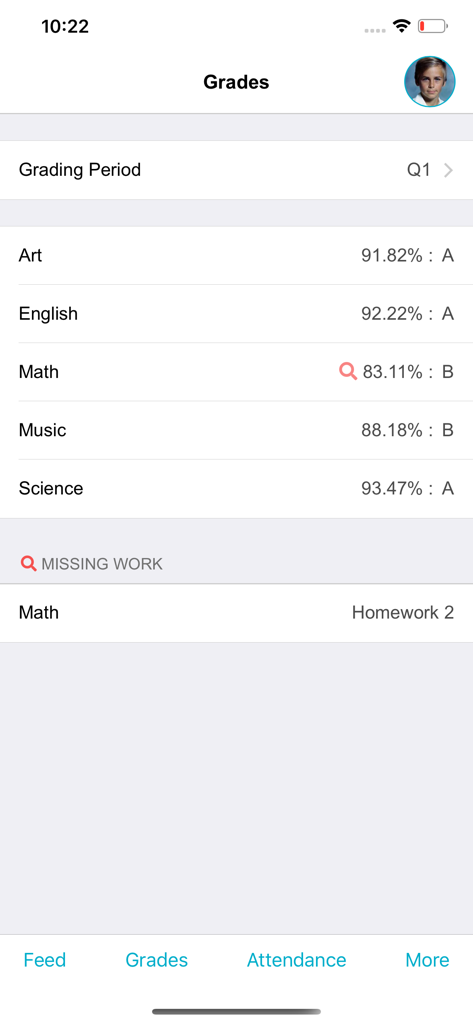 TeacherEase - Parents/Students - TeacherEaseアプリで科目成績と未提出課題のリストを表示する画面