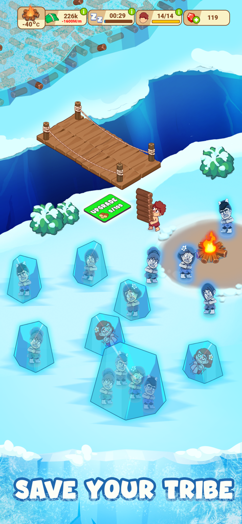 Icy Village: Survival Idle - Gameplay screenshot of Icy Village showing characters frozen in ice blocks and a campfire in a snowy survival setting.