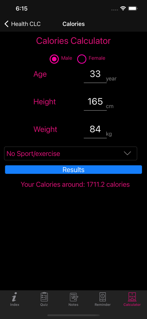 Natural Remedies Herbal - Interfaz de calculadora de calorías en la aplicación mostrando campos de entrada del usuario y el resultado calculado