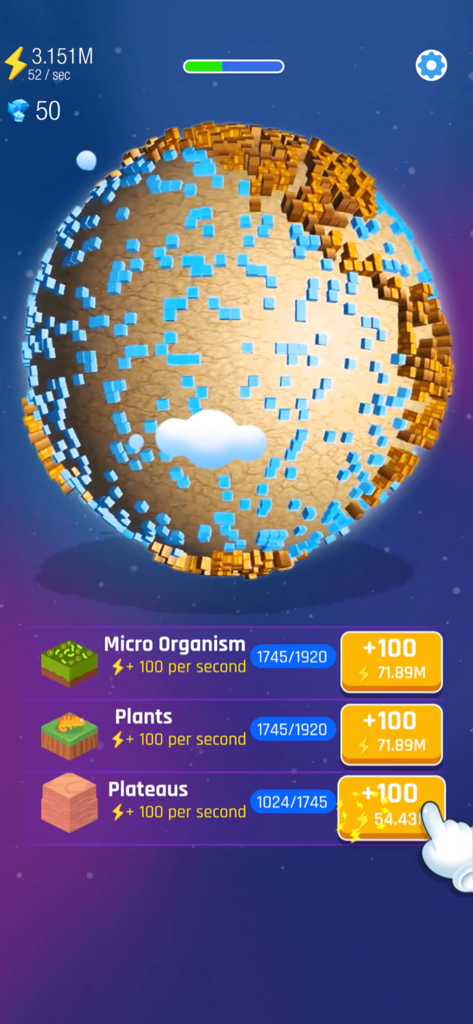 Idle World game interface showing a pixelated planet and resource upgrades for evolution