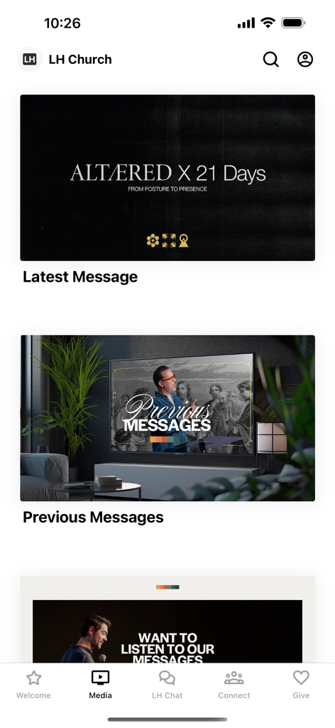 Lighthouse Church App - Lighthouse Church app media screen showing latest and previous sermon messages