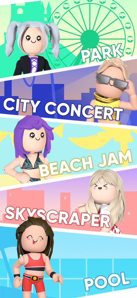 Different fashion themes and locations in Catwalk Battle including Park City Concert and Beach Jam