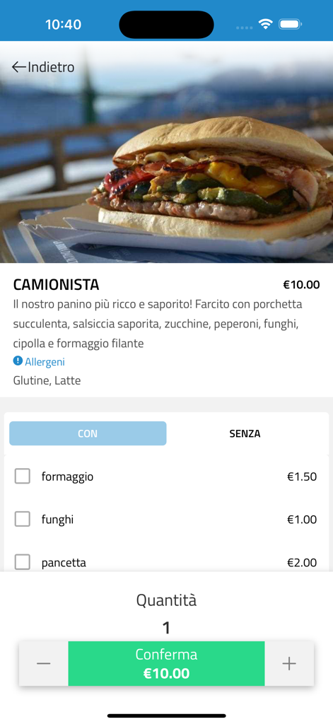 Funivie Lagorai Chalet - Camionista 샌드위치 주문을 위한 세부 정보 및 사용자 정의 옵션을 보여주는 모바일 앱 화면