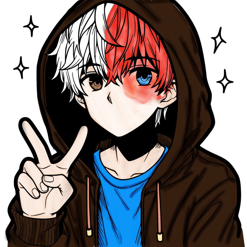 teenage manga boy in a hoodie, doing ✌