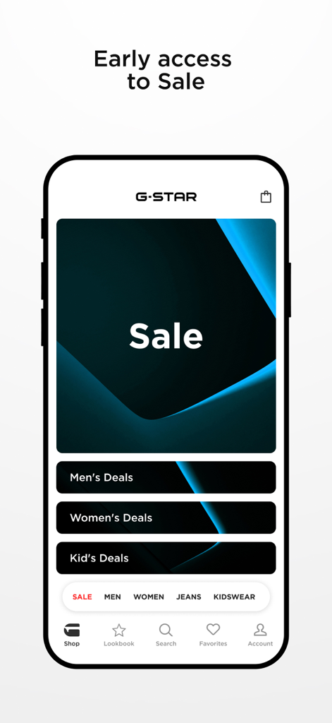 Interface de l'application mobile G-Star Raw pour l'accès anticipé aux soldes présentant des offres pour hommes, femmes et enfants
