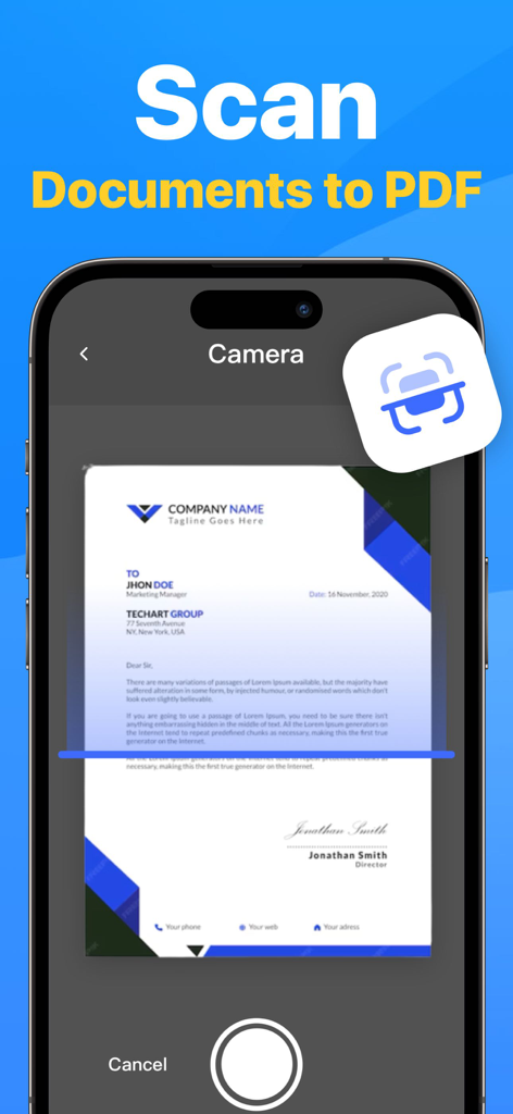 Smart Printer App feature for scanning physical documents to PDF