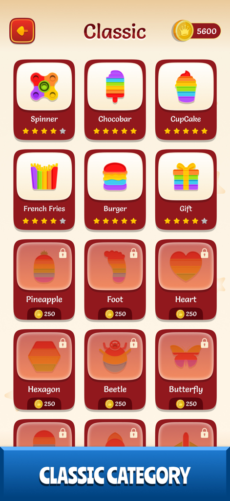 Popit - Just Do it! - A menu showing a variety of colorful pop it shapes in the classic category.