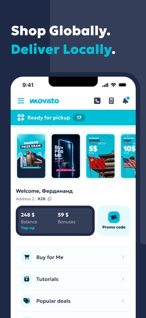 Movato - Online Shopping - Movato mobile app dashboard showing shopping options, global delivery services from China and USA, and account balance