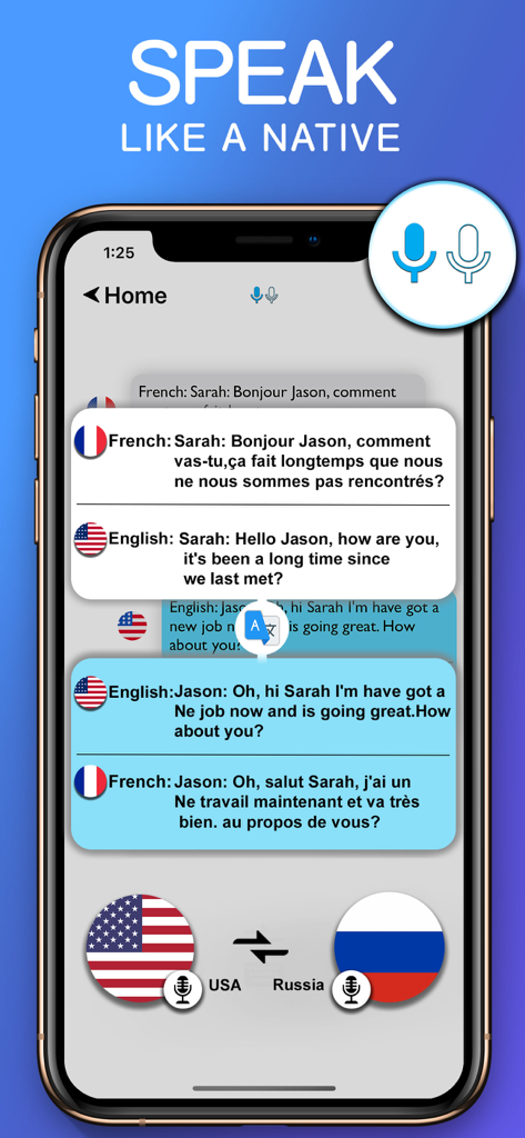 App di traduttore vocale che mostra una traduzione di conversazione in tempo reale tra inglese e francese