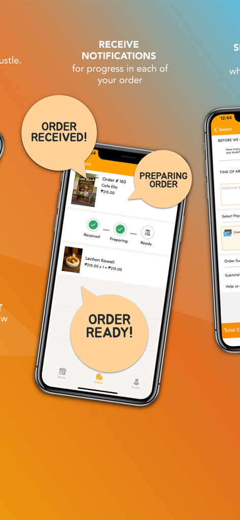 ORder Readyアプリのモバイルインターフェースに、食品の準備と受け取りのための注文進捗状況の通知が表示されています。