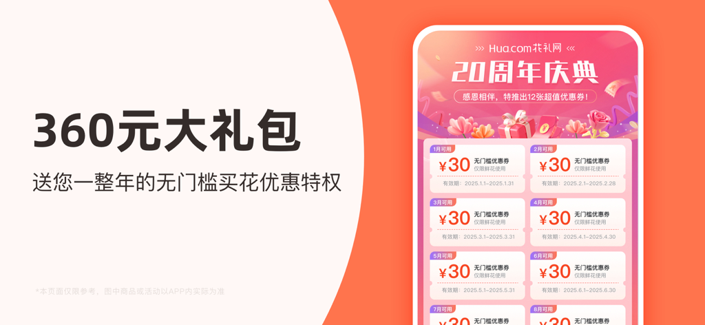 Promotion for Hua Li Wang flower delivery app featuring a 360 yuan gift pack and monthly coupons.