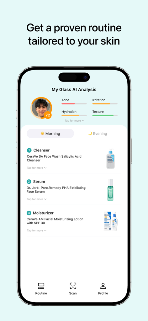 Glass: AI Skincare & Acne Scan - Glass AI app screen showing a personalized morning skincare routine and skin analysis scores for acne and hydration