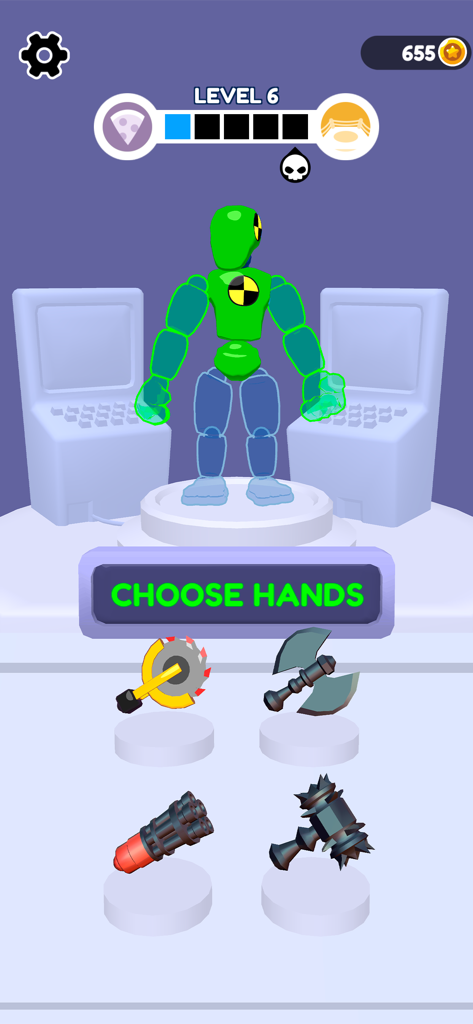 Merge Ragdoll Fighting - Eine grüne Ragdoll-Figur in einer Laborumgebung mit Optionen zur Auswahl von Waffen für die Hände