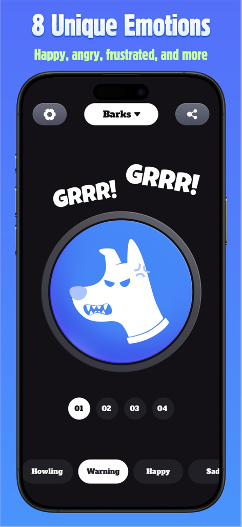 Dog Barking App - Barks & Toys - Interface of the Dog Barking App showing the Warning sound category with an angry dog icon