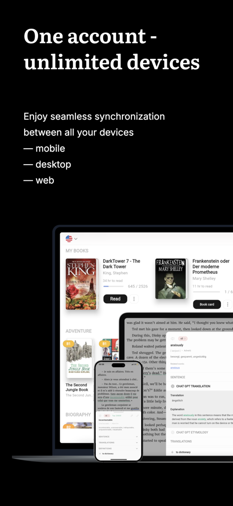 Lingaアプリのライブラリと読書進捗状況が、スマートフォンとラップトップ間で同期される