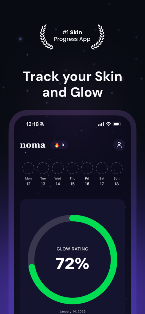 Noma - Get Rid of Acne - Noma app dashboard showing glow rating and skin progress tracker