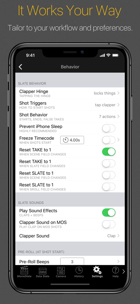 MovieSlate® 8 - Smartphone-Bildschirm, der die Verhaltens- und Toneinstellungen der MovieSlate 8 App für die Filmproduktion anzeigt