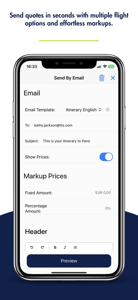 Travelport Mobile Agent - Pantalla de Travelport Mobile Agent para enviar cotizaciones de itinerarios de viaje por correo electrónico con márgenes personalizables