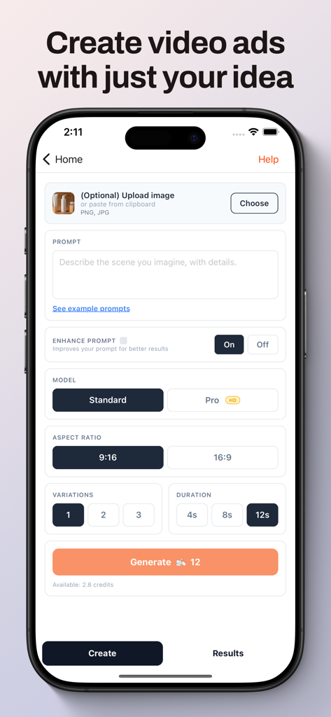 Interfaz de la aplicación móvil Scalio para generar anuncios de video de IA utilizando indicaciones de texto y configuraciones personalizables