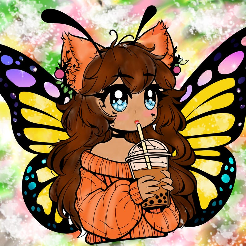 a realistic butterfly/furry girl drinking boba
