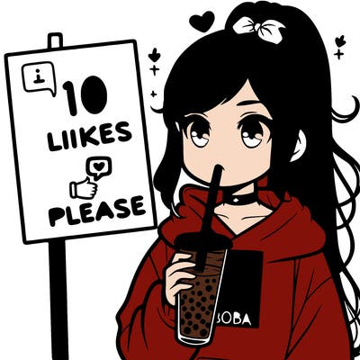 girl with a high ponytail and a hoodie drinking boba staring at a sign saying 10 likes please