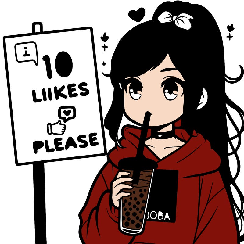 girl with a high ponytail and a hoodie drinking boba staring at a sign saying 10 likes please