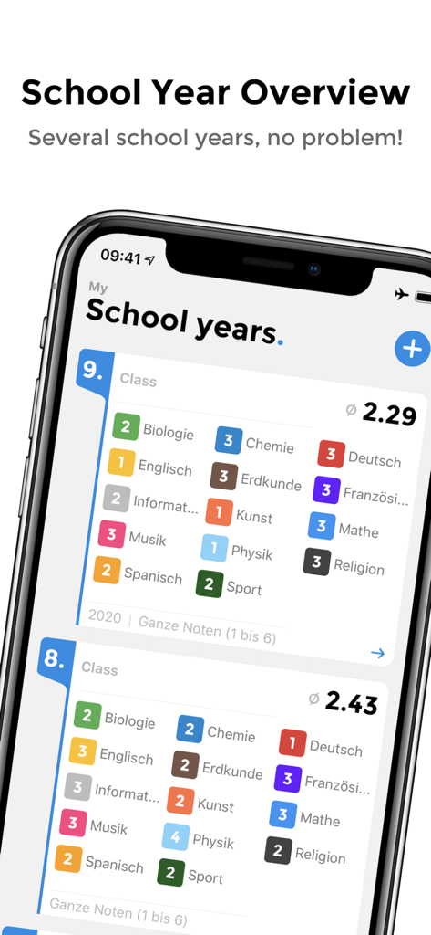 Notenapp - digital school tool - Interface do Notenapp exibindo vários anos letivos com notas de disciplinas e média geral em um iPhone