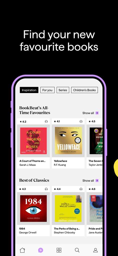 BookBeat: Audiobooks & E-books - 厳選されたおすすめの書籍やカテゴリーを表示しているBookBeatアプリのインターフェース