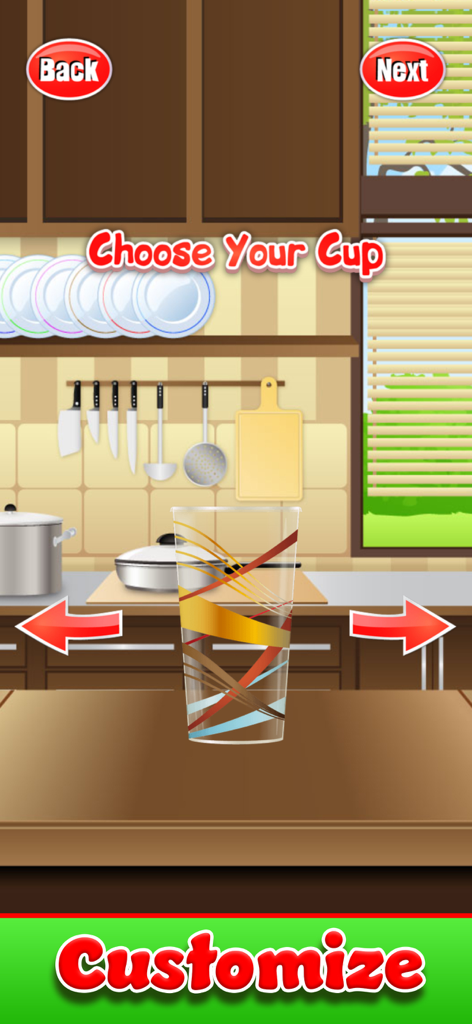 Uma tela no jogo de criador de slushy onde as crianças podem escolher e personalizar seu copo.