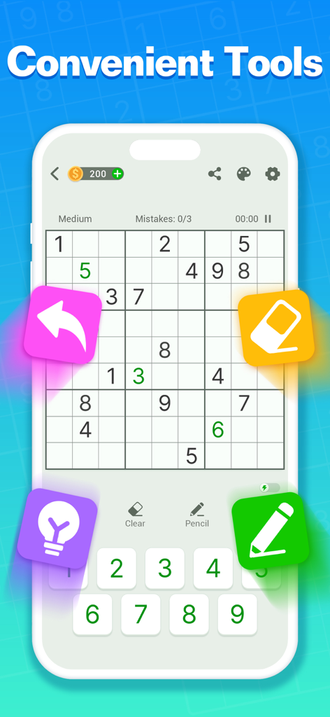 Sudoku Journey mobile game interface showing convenient gameplay tools like hints, eraser, and pencil mode.