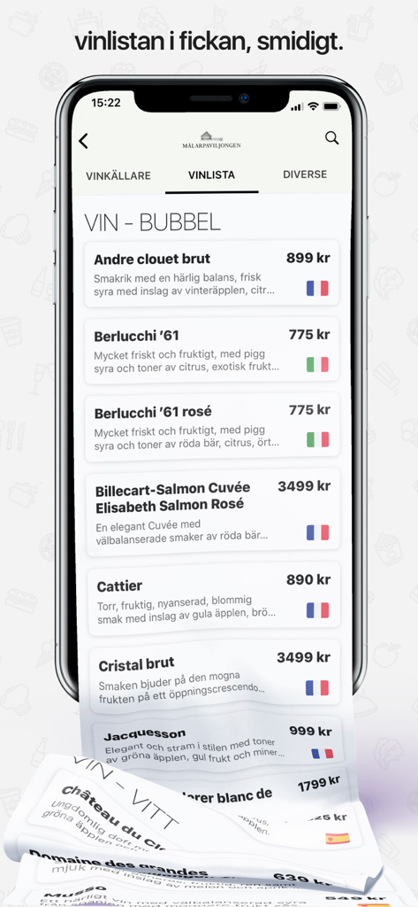 Smartphone screen showing a digital sparkling wine menu from the Happy Order app