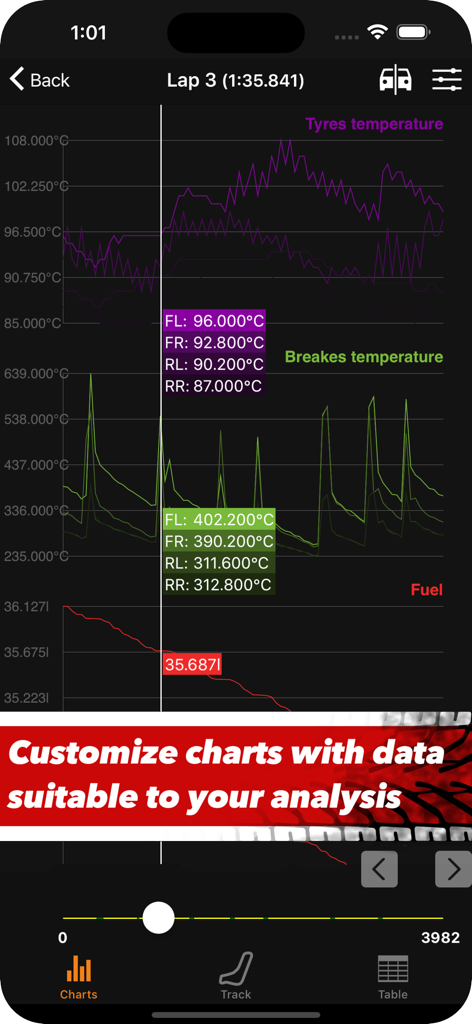 Interface de l'application Sim Racing Telemetry montrant des graphiques interactifs pour la température des pneus, la température des freins et les niveaux de carburant