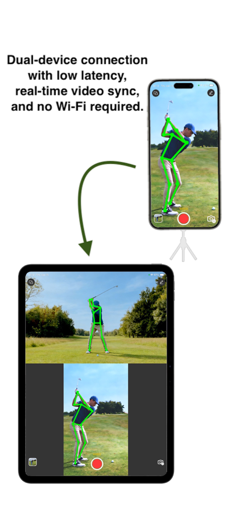 Dual device synchronized golf swing capture showing real time video sync on iPhone and iPad