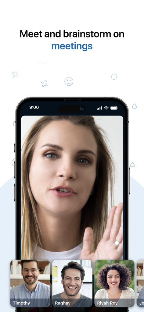 Zoho Cliq - Team Communication - 팀 브레인스토밍을 위한 그룹 화상 회의를 보여주는 Zoho Cliq 모바일 앱 인터페이스