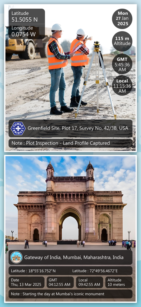 Screenshots showing GPS Map Camera Lite with time and location stamps on a construction site and a travel landmark