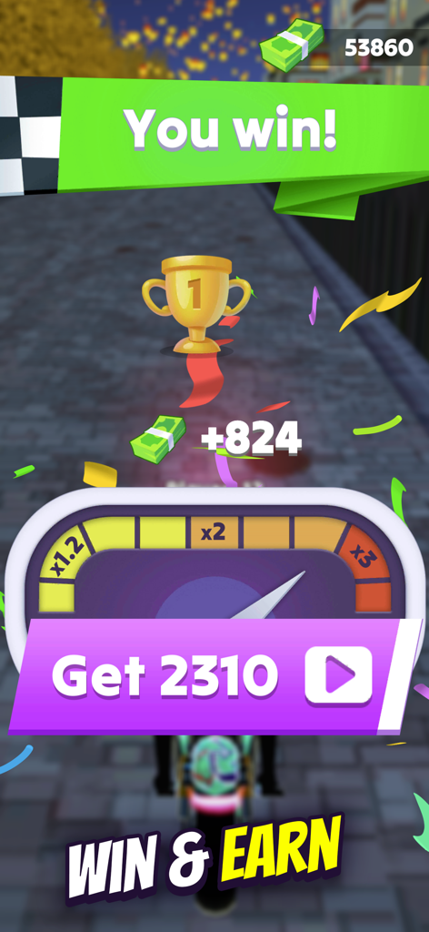 Wild Wheels: Bike Race - Pantalla de victoria de Wild Wheels Bike Race mostrando un trofeo de oro y las recompensas obtenidas.