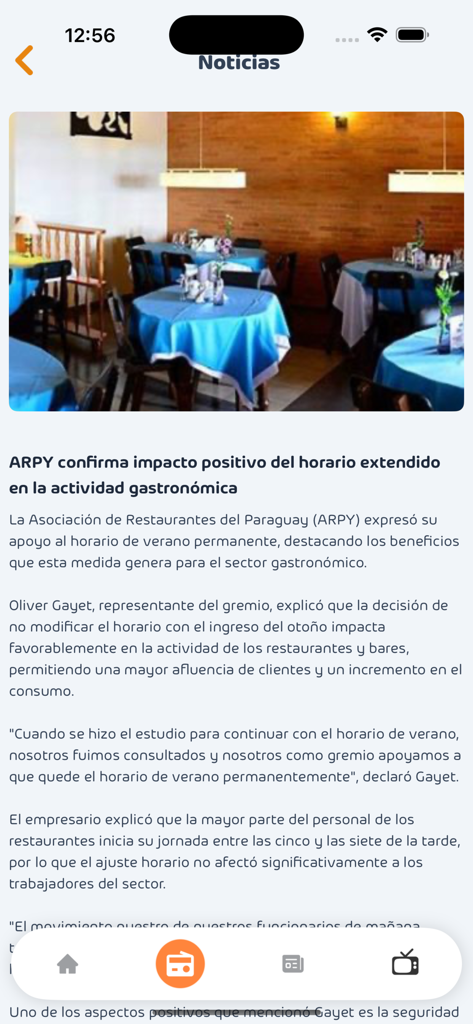 News article about restaurant activity in Paraguay on the Monumental AM 1080 app