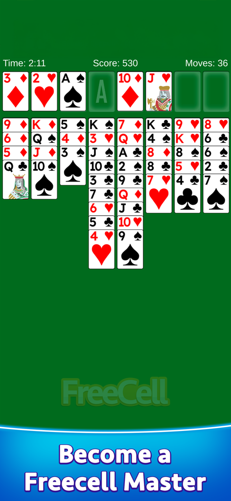 FreeCell· - Gameplay screen of Zynga FreeCell solitaire showing large cards and game statistics on a green background