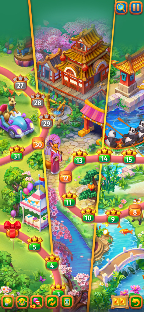 A colorful game map showing numbered levels across different themed landscapes in Mahjong Journey