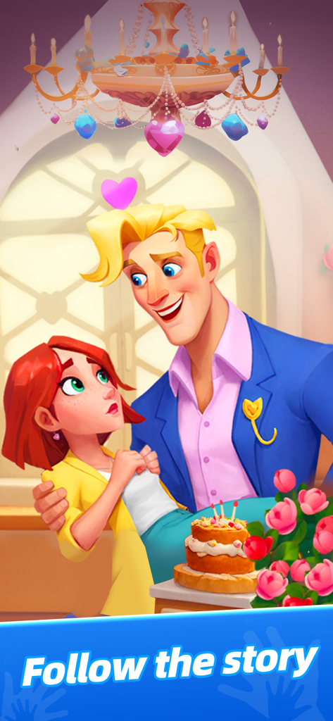 Mystery Town - Merge & Cases - Eine romantische Interaktion zwischen Aurora und einem Mann in Mystery Town Merge and Cases mit dem Text 'Folge der Geschichte'