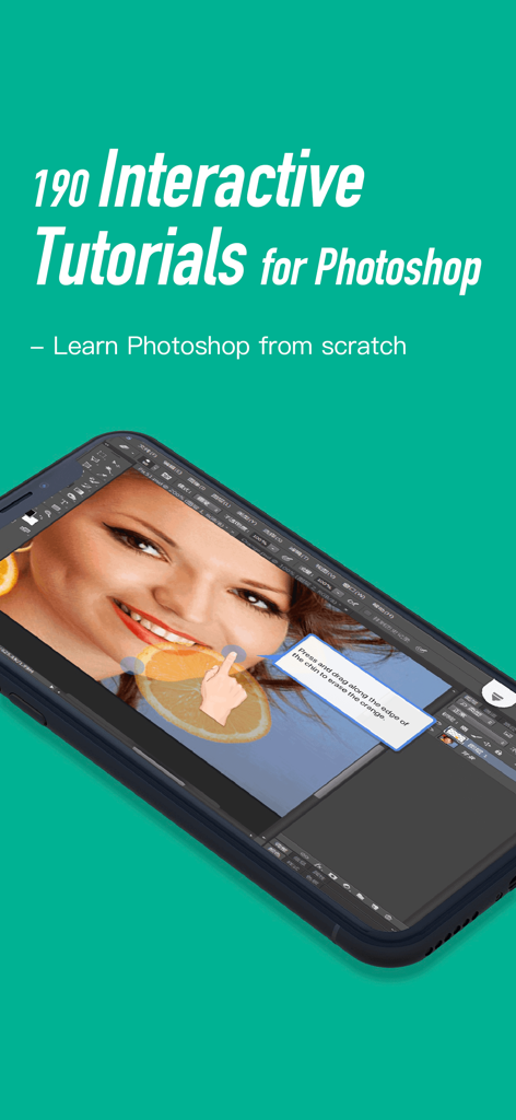 Tutorials for Photoshop CC - Un smartphone mostrando una lección de tutorial interactivo de Photoshop para retocar una foto sobre un fondo turquesa