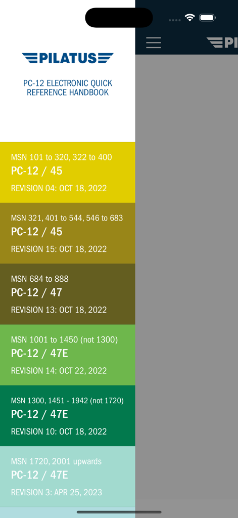 Pilatus PC-12 eQRH - Pilatus PC-12 eQRH app screen showing aircraft model and revision list by serial number