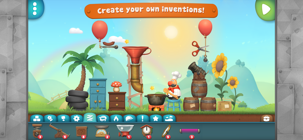 Inventioneers Full Version - Creative physics sandbox screen showing tools and parts to build custom inventions
