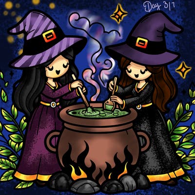 witches brewing a potion in a cauldron