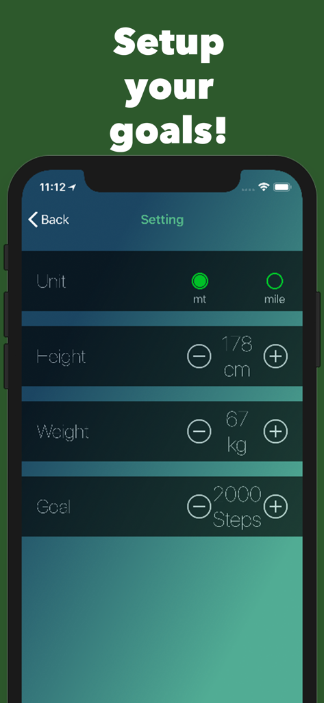 Pantalla de configuración de la aplicación móvil para establecer objetivos de pasos diarios, altura y peso
