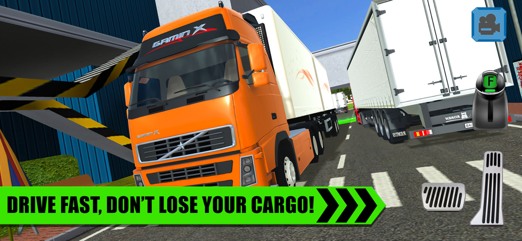 An orange semi truck driving with dual trailers in a warehouse area with on screen game controls