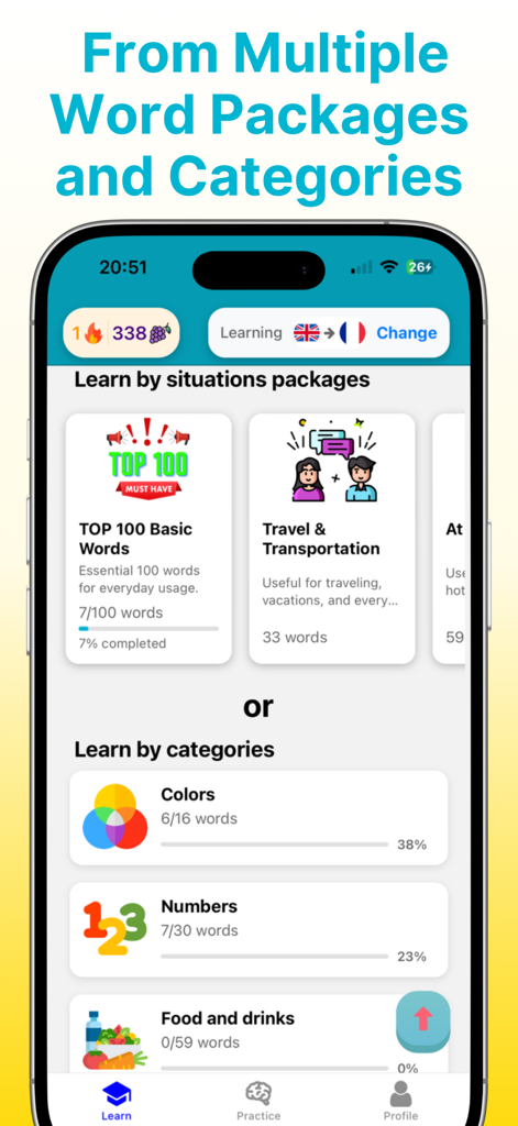 Interfaccia dell'app Rico che mostra vari pacchetti di apprendimento delle lingue come viaggi, parole di base e categorie come colori e cibo.