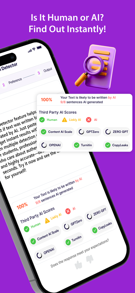 AI Humanizer - MyWordsAi - Smartphone display of MyWordsAi app showing AI detection results and scores.