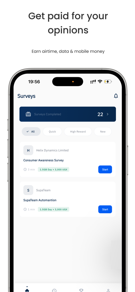 Core Intelligence - Core Intelligence App-Bildschirm, der verfügbare Umfragen zum Verdienen von Sendezeit- und mobilen Datentarifen anzeigt