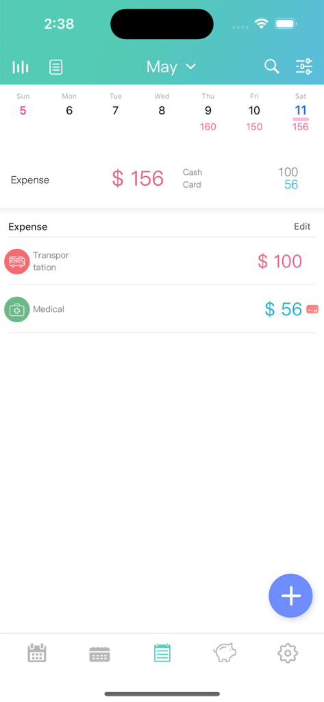 Weple Money Pro app interface showing daily expense list with transportation and medical categories